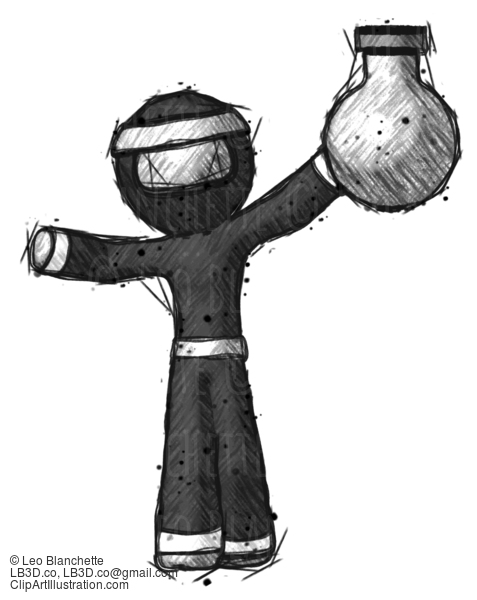 Sketch Ninja Warrior Man Holding Large Round Flask Or Beaker #15453