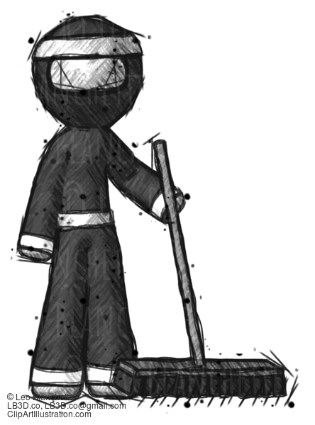 Sketch Ninja Warrior Man Standing With Industrial Broom #15459