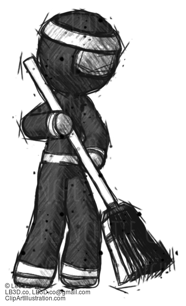 Sketch Ninja Warrior Man Sweeping Area With Broom #15461