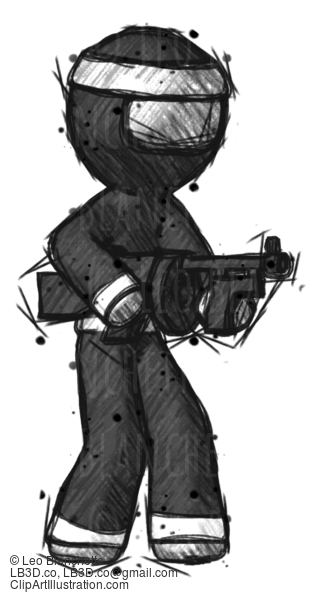 Sketch Ninja Warrior Man Tommy Gun Gangster Shooting Pose #15464