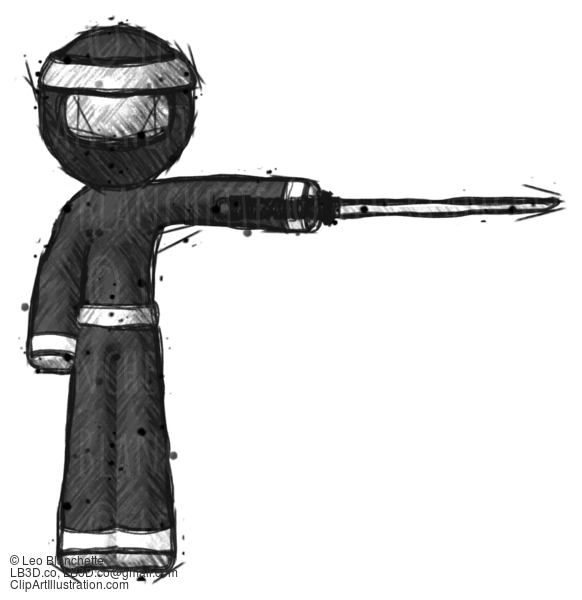 Sketch Ninja Warrior Man Standing With Ninja Sword Katana Pointing Right #15473