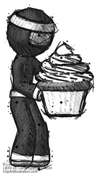 Sketch Ninja Warrior Man Holding Large Cupcake Ready To Eat Or Serve #15482