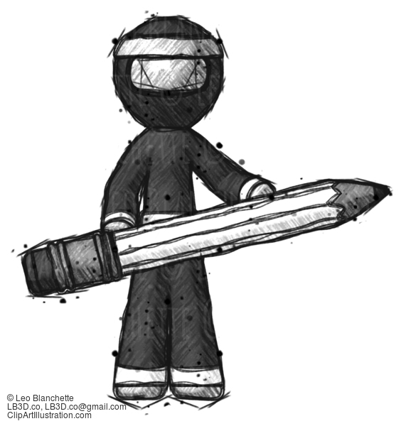 Sketch Ninja Warrior Man Writer Or Blogger Holding Large Pencil #15492