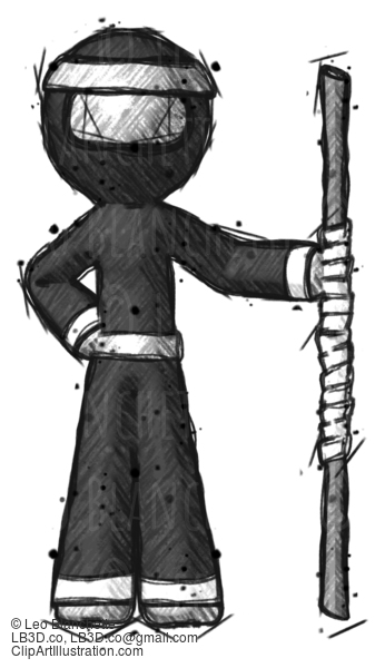 Sketch Ninja Warrior Man Holding Staff Or Bo Staff #15504