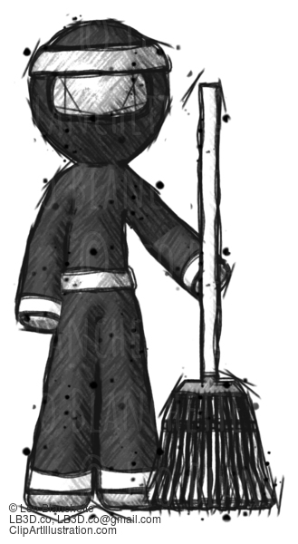 Sketch Ninja Warrior Man Standing With Broom Cleaning Services #15528