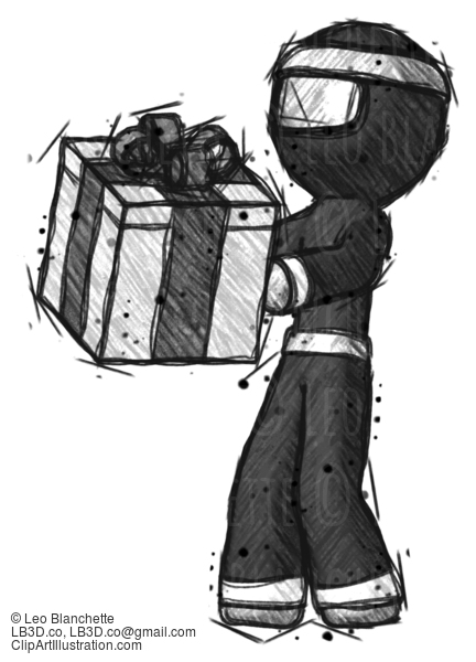 Sketch Ninja Warrior Man Presenting A Present With Large Bow On It #15531