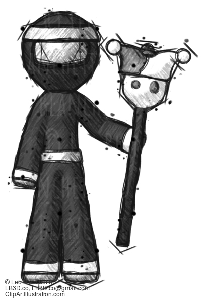 Sketch Ninja Warrior Man Holding Jester Staff #15543