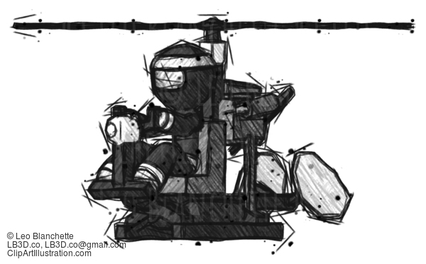 Sketch Ninja Warrior Man Flying In Gyrocopter Front Side Angle View #15546