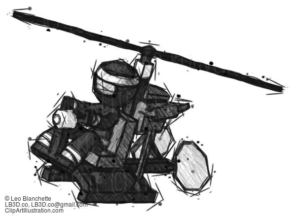 Sketch Ninja Warrior Man Flying In Gyrocopter Front Side Angle Top View #15547