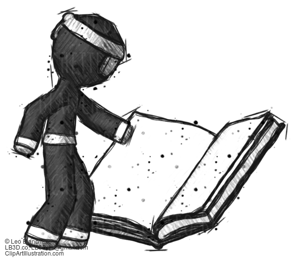 Sketch Ninja Warrior Man Reading Big Book While Standing Beside It #15549