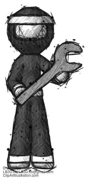 Sketch Ninja Warrior Man Holding Large Wrench With Both Hands #15553