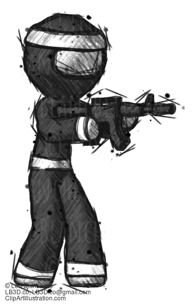 Sketch Ninja Warrior Man Shooting Automatic Assault Weapon #15560