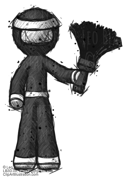 Sketch Ninja Warrior Man Holding Feather Duster Facing Forward #15566