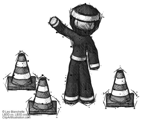 Sketch Ninja Warrior Man Standing By Traffic Cones Waving #15572