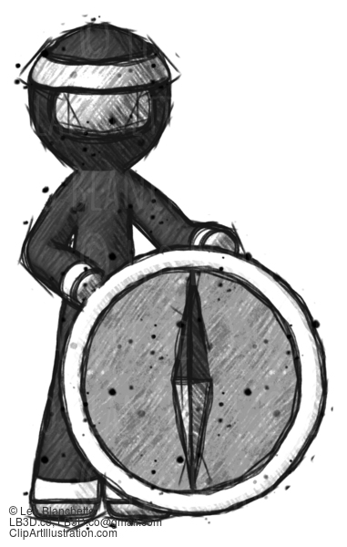 Sketch Ninja Warrior Man Standing Beside Large Compass #15579