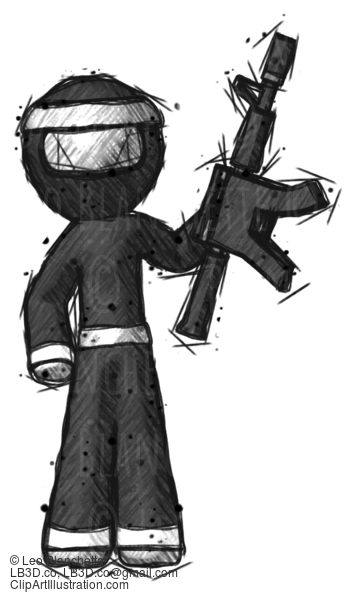 Sketch Ninja Warrior Man Holding Automatic Gun #15583