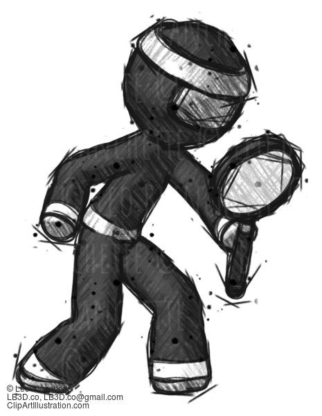 Sketch Ninja Warrior Man Inspecting With Large Magnifying Glass Right #15587