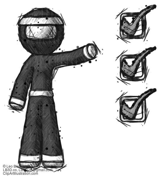 Sketch Ninja Warrior Man Standing By List Of Checkmarks #15588