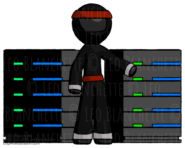 Black Ninja Warrior Man With Server Racks, In Front Of Two Networked Systems #5863