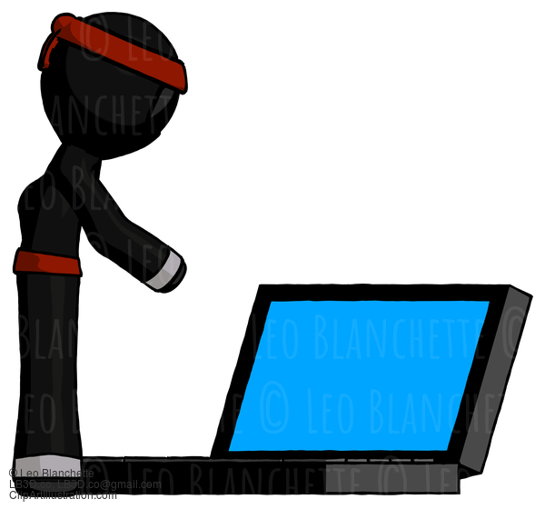 Black Ninja Warrior Man Using Large Laptop Computer Side Orthographic View #5865