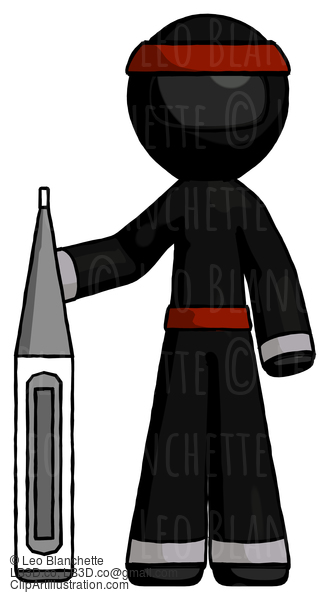 Black Ninja Warrior Man Standing With Large Thermometer #5867