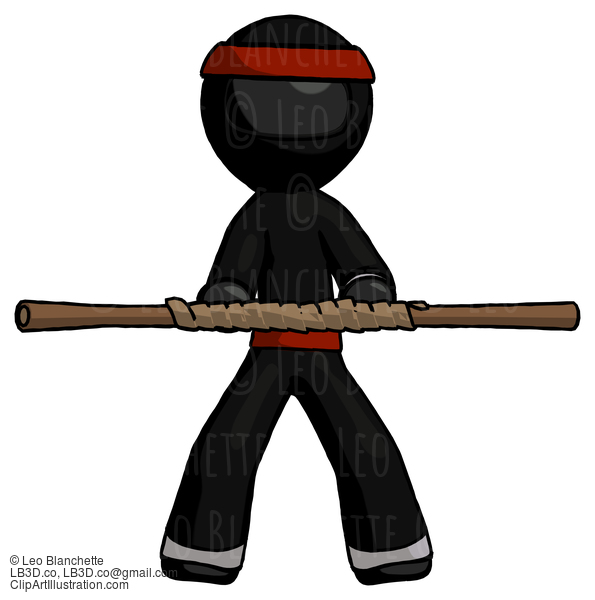 Black Ninja Warrior Man Bo Staff Kung Fu Defense Pose #5876