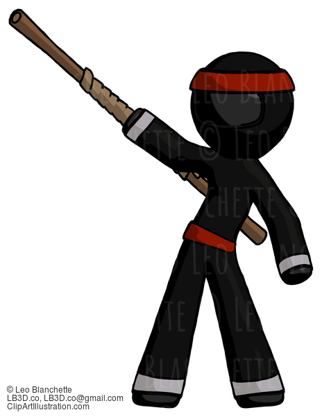 Black Ninja Warrior Man Bo Staff Pointing Up Pose #5877