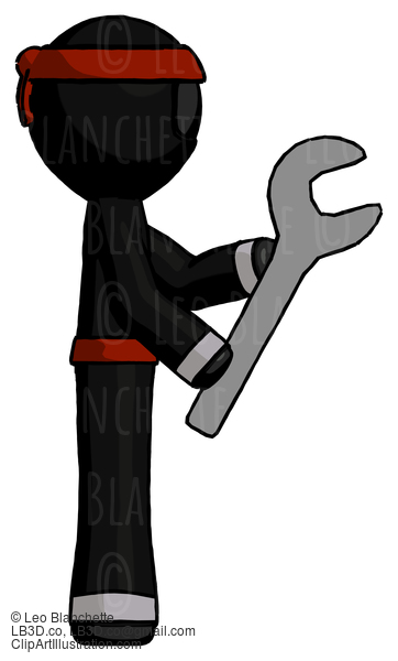 Black Ninja Warrior Man Using Wrench Adjusting Something To Right #5879