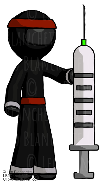 Black Ninja Warrior Man Holding Large Syringe #5892