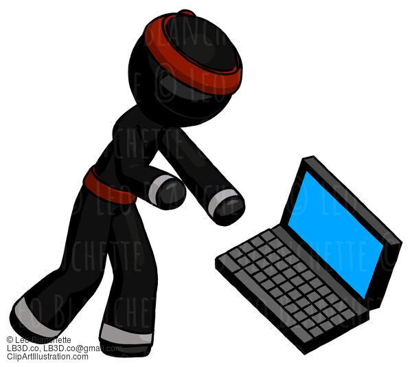 Black Ninja Warrior Man Throwing Laptop Computer In Frustration #5894