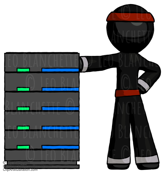 Black Ninja Warrior Man With Server Rack Leaning Confidently Against It #5896