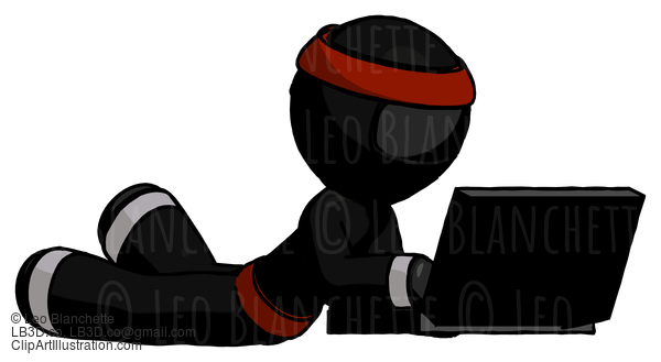 Black Ninja Warrior Man Using Laptop Computer While Lying On Floor Side Angled View #5906