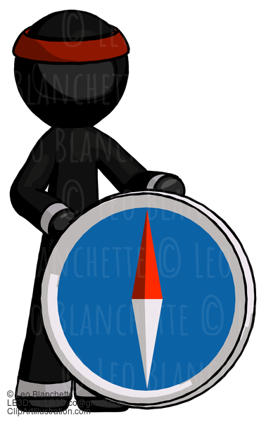 Black Ninja Warrior Man Standing Beside Large Compass #5907