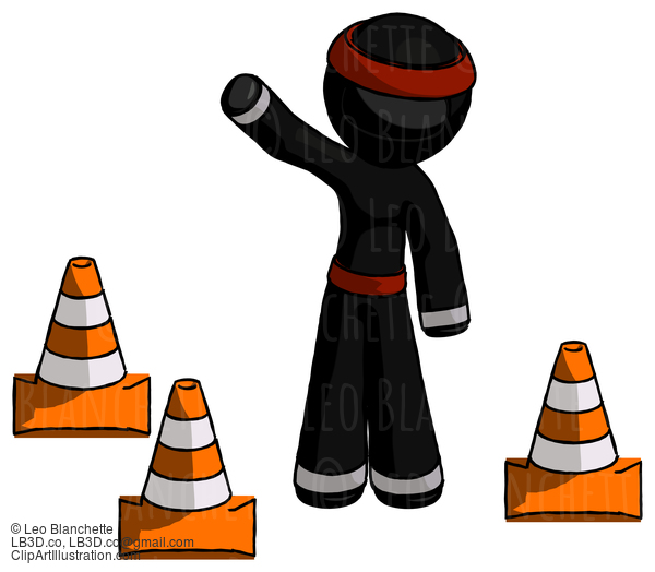 Black Ninja Warrior Man Standing By Traffic Cones Waving #5917