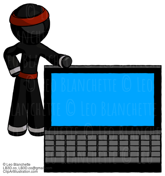 Black Ninja Warrior Man Beside Large Laptop Computer, Leaning Against It #5923