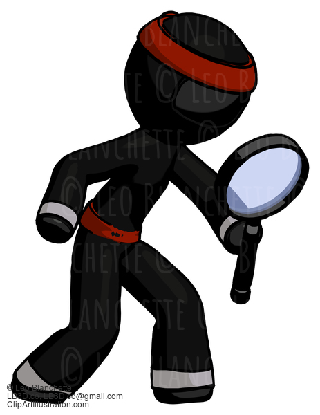 Black Ninja Warrior Man Inspecting With Large Magnifying Glass Right #5928