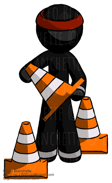 Black Ninja Warrior Man Holding A Traffic Cone #5935