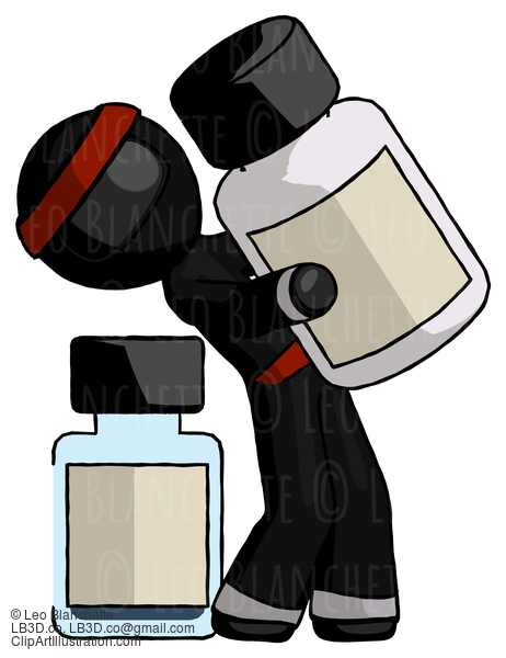 Black Ninja Warrior Man Holding Large White Medicine Bottle With Bottle In Background #5939