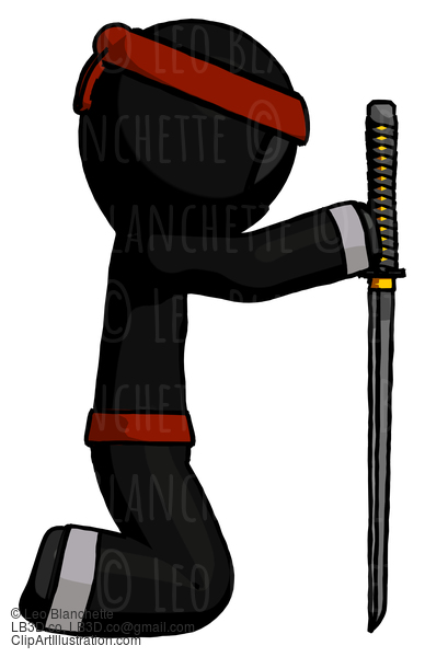 Black Ninja Warrior Man Kneeling With Ninja Sword Katana Showing Respect #5951