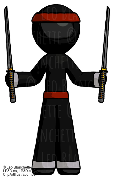 Black Ninja Warrior Man Posing With Two Ninja Sword Katanas Up #5953