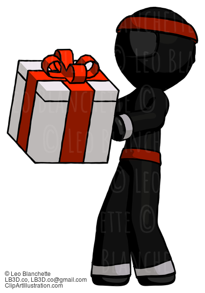 Black Ninja Warrior Man Presenting A Present With Large Red Bow On It #5956