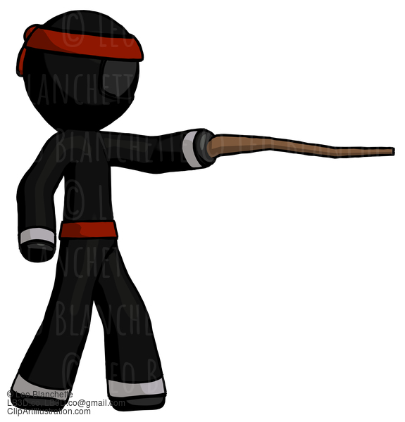 Black Ninja Warrior Man Pointing With Hiking Stick #5958