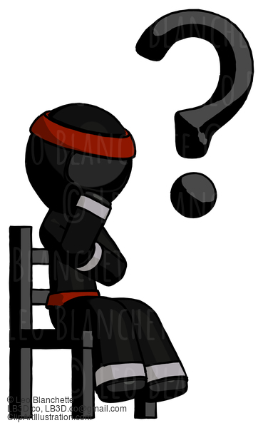 Black Ninja Warrior Man Question Mark Concept, Sitting On Chair Thinking #5960