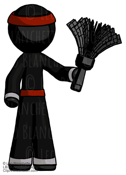 Black Ninja Warrior Man Holding Feather Duster Facing Forward #5961