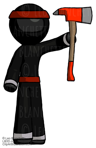 Black Ninja Warrior Man Holding Up Red Firefighter’S Ax #5967