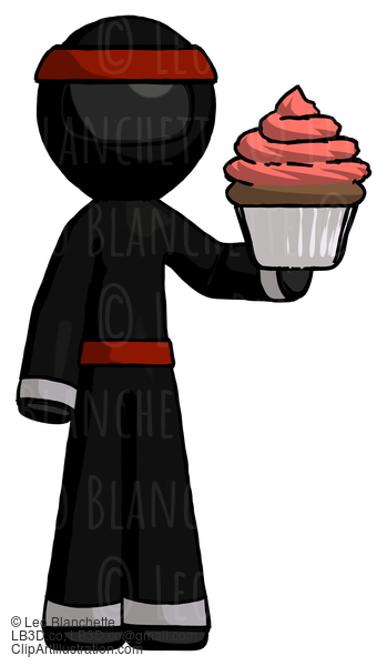 Black Ninja Warrior Man Presenting Pink Cupcake To Viewer #5970