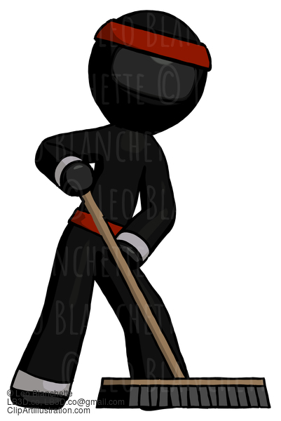 Black Ninja Warrior Man Cleaning Services Janitor Sweeping Floor With Push Broom #5973