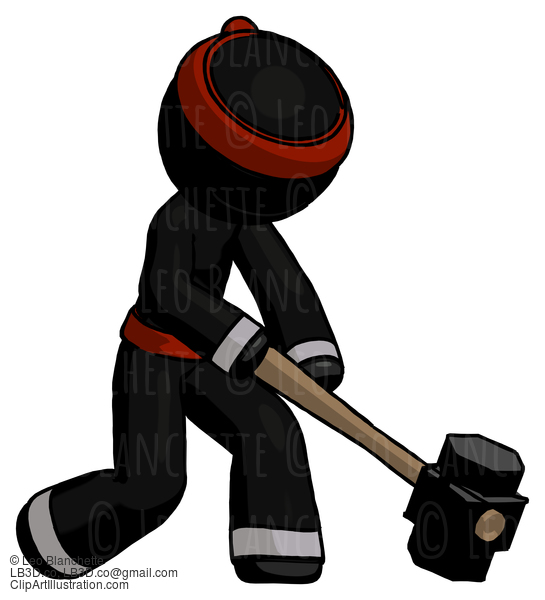 Black Ninja Warrior Man Hitting With Sledgehammer, Or Smashing Something At Angle #5974