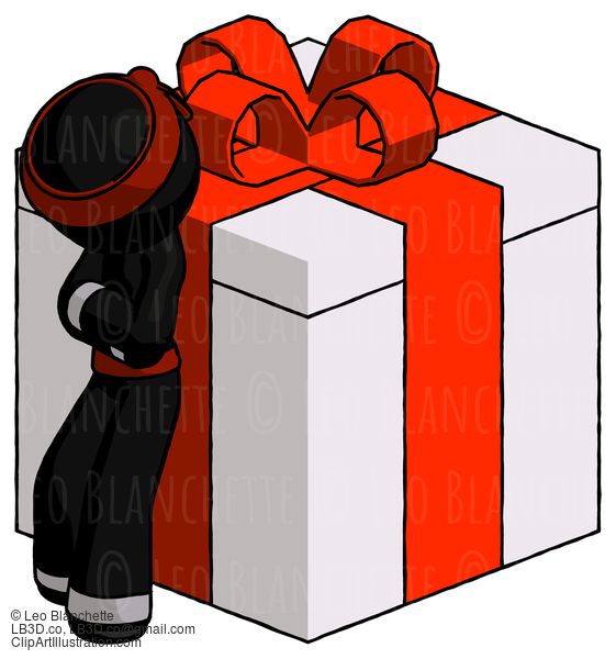 Black Ninja Warrior Man Leaning On Gift With Red Bow Angle View #5980