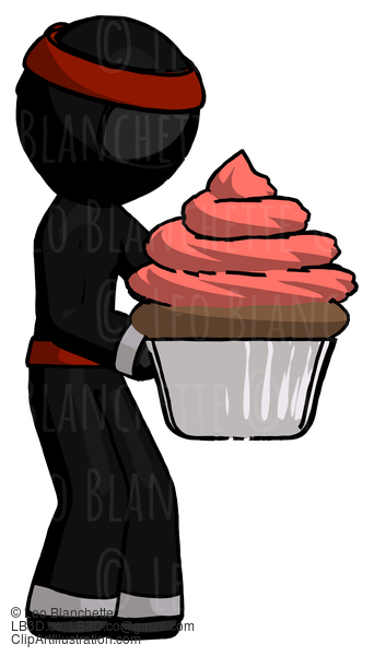 Black Ninja Warrior Man Holding Large Cupcake Ready To Eat Or Serve #5982